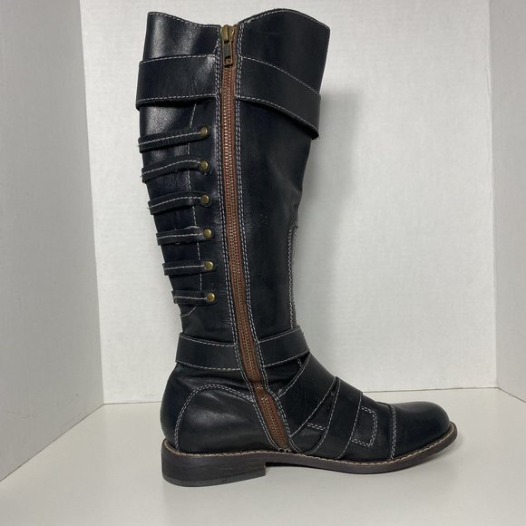 Lucky Brand Women Boots Knee High Combat Buckle Leather Black Sz 7 - Picture 10 of 16